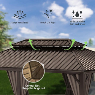 Hardtop Gazebo with Galvanized Steel Double Roof, Metal Gazebos with Drainage System Patio Pergola for Patio Deck Backyard,Curtain and Netting