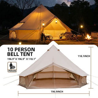 16.4FT 4-Season Bell Tent with Stove Jack, Waterproof Canvas Glamping Yurt Tent for 8-10 Persons, Large Family Camping & Outdoor Parties (Green/Beige)
