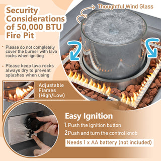 28 Inch 50000 BTU Patio Square Propane Fire Pit with PVC Cover