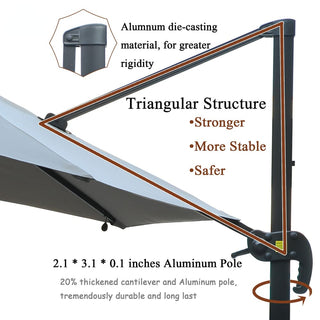11ft Solar LED Cantilever Patio Umbrella with Base – Offset Outdoor Umbrella with Crank Lift (Grey)