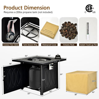 32 Inch Propane Fire Pit Table Square Tabletop with Lava Rocks Cover 50000 BTU