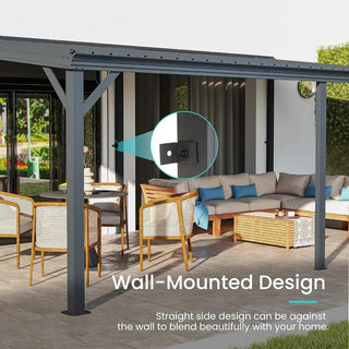 Wall-Mounted Hardtop Lean-to Gazebo with Gutters – Galvanized Steel Roof Outdoor Pergola Canopy