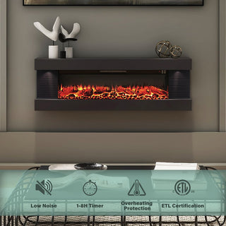 50"/60"/72" Wall-Mounted Electric Fireplace with Suspended LED Lighting, Modern Indoor Fireplace for Living Room