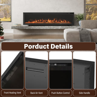 50/60/72-Inch Wall-Mounted & Recessed Electric Fireplace with Overheat Protection, Black