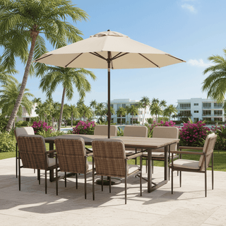 9-Piece Outdoor Patio Dining Furniture Set with Wooden Table, Umbrella Hole, Aluminum Frame Wicker Chairs & Olefin Cushions