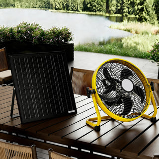12-Inch Solar Floor Fan, 30W Adjustable Monocrystalline Panel, 1500mAh Rechargeable Battery, 3-Speed Remote & Dual Power – Yellow