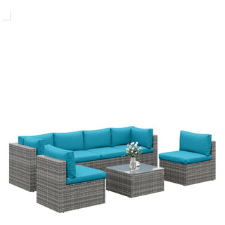 7-Piece All-Weather Gray Wicker Couch Patio Set with Removable Light Blue Cushions and Glass Coffee Table for Patio, Poolside & Backyard