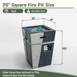 20" Propane Gas Fire Pit Table, 40000 BTU Square Concrete Fire Pit for Outside Patio Deck Garden Backyard-Light Gray