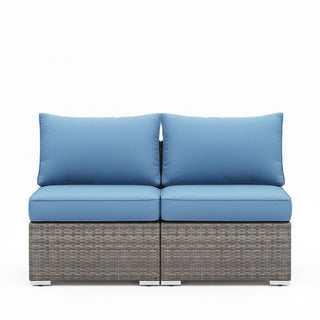 59.8"Width Outdoor Wicker Armless Sofa Set, 2-Piece Patio Loveseat Set with Blue Cushions