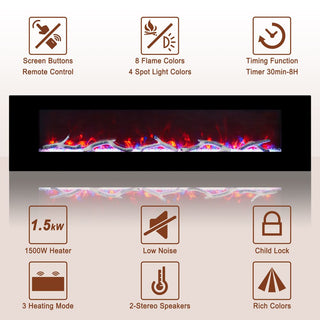 42/50/60/72 Inch Wall-Mounted Black Electric Fireplace Insert-5120 BTU with 2-Speaker Stereo Sound