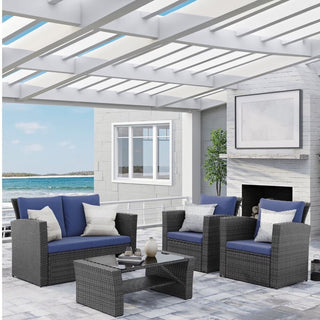 4-Piece Wicker Patio Conversation Set With Glass Table and Blue/Black/Gray Cushions