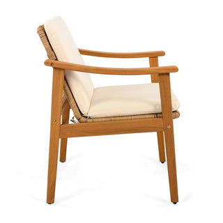 Outdoor Dining Chairs Set of 2, Teak Color Acacia Wood Frame, Brown PE Wicker, Grey Waterproof Cushion