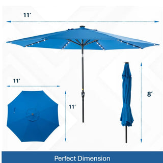 11 Ft Blue Solar LED Patio Umbrella with Crank Lift , Tilt * 8 Ribs, UV-Resistant Canopy