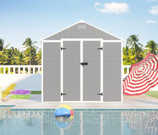 8X8 FT resin storage shed, high quality pp material, strong structure, waterproof, rust and UV proof, large storage space, 12mm thick pp board, HD window lighting