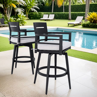Modern 2-Piece Outdoor Swivel Bar Chairs with Sunbrella Cushions – 360° Aluminum Patio Bar Stools in Ember Black