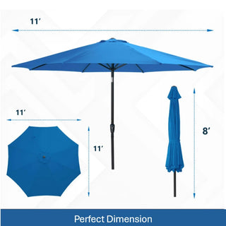 11 Ft Blue Solar LED Patio Umbrella with Crank Lift , Tilt * 8 Ribs, UV-Resistant Canopy