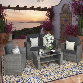 4-Piece Wicker Patio Conversation Set With Glass Table and Blue/Black/Gray Cushions
