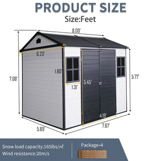 8 x 6 ft Resin Outdoor Storage Shed Waterproof Shed with Floor & Two Windows & Lockable Door, Tool Shed for Garden, Patio, Backyard,Grey/Black/White+Gray/Brown