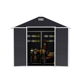 8X8 FT resin storage shed, high quality pp material with Lockable Door, strong structure, waterproof, rust and UV proof, large storage space, 12mm thick pp board, HD window lighting