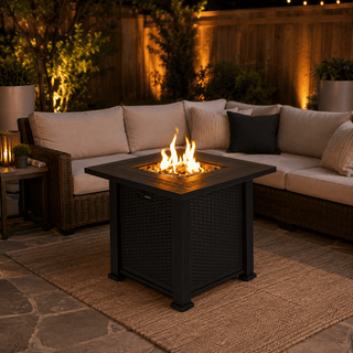 27.95-Inch Modern Outdoor Propane Fire Pit Table with Lava Rocks, Black Steel Gas Fire Pit for Patio, Backyard & Outdoor Entertaining