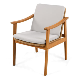 Outdoor Dining Chairs Set of 2, Teak Color Acacia Wood Frame, Brown PE Wicker, Grey Waterproof Cushion