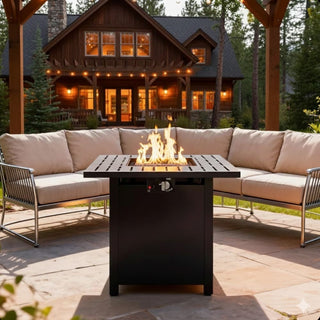 30”Width Outdoor 2-in1 Black Rattan Look Fireplace Table, 50000 BTU CSA Certified Propane Square Gas Fire Pit Table with Stainless Burner, Lid, Lava Rocks and Waterproof Cover