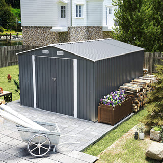 Outdoor Storage Shed 9×11 FT with 3 Lockable Doors,Utility Tool Shed Metal Storage Garden Sheds 4 Vents,Metal Sheds with Galvanized Steel Frame,for Backyard,Patio,Lawn,Grey