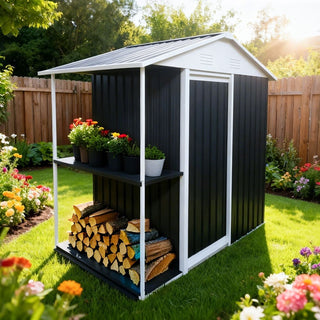 6 x 4 FT Outdoor Metal Storage Shed with Shelves & Rack, Garden Tool Shed and Bike Storage Cabinet for Backyard, Patio & Lawn Use
