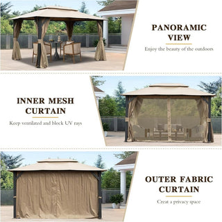 10X14 FT Outdoor Gazebo With Double Roofs, Privacy Curtains, Mosquito Nettings, Heavy Duty Metal Frame Party Tent Canopy