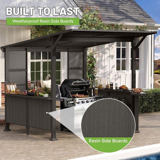 9x10FT Grill Gazebo Hardtop, Metal BBQ Gazebo with Storage Shelves and Expansion Platform, Heavy Duty Grill Canopy with Sloped Roof for Patio