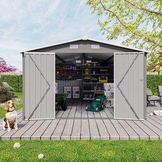 Outdoor Storage Shed 10×14 FT with 3 Lockable Doors,4 Air Vents & Sloped Roof,Utility Tool Shed Metal Storage Garden Sheds Frame and 4 Vents,for Backyard,Patio,Lawn,Light Gre
