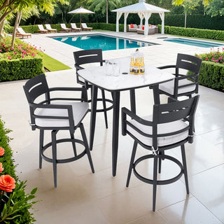 5-Piece Outdoor Patio Swivel Bar Set with Marble-Style Stone Table & Aluminum Swivel Bar Stools