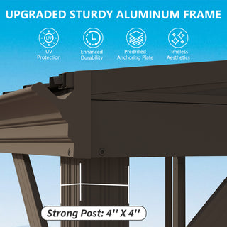 Hardtop Wall Mounted Gazebo with Sloping Galvanized Steel Roof, Aluminum Frame, Drainage System, Curtains and Netting, for Patio, Deck, Garden, Backyard