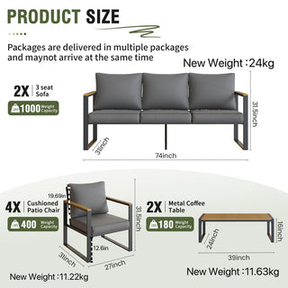 Outdoor 4 Pieces Furniture Sets Modern Iron Patio Conversation Sets Sofa w Grey Cushion Faux Wood Grain Frame