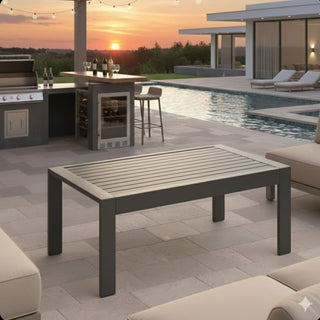 43" x 24" All-Weather Metal Outdoor Coffee Table with Wood-Look Top and Khaki/Black Frame