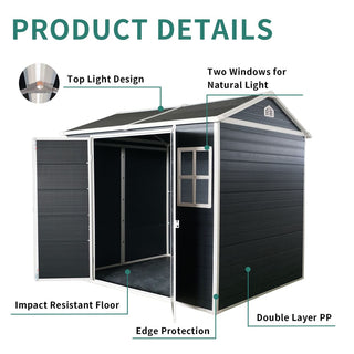 8x4 FT Outdoor Resin Storage Shed with Floor, 2 Windows & Lockable Door for Garden Tools, Bikes & Trash Cans
