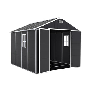 8X8 FT resin storage shed, high quality pp material with Lockable Door, strong structure, waterproof, rust and UV proof, large storage space, 12mm thick pp board, HD window lighting