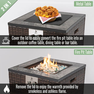 24" Propane Gas Fire Pit Table, 50000 BTU Square Fire Pit, Tile Tabletop with Beautiful Wicker Base for Outside Patio Deck Garden Courtyard-Brown
