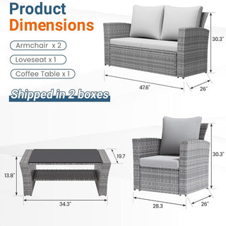 4-Piece Wicker Patio Conversation Set With Glass Table and Blue/Black/Gray Cushions