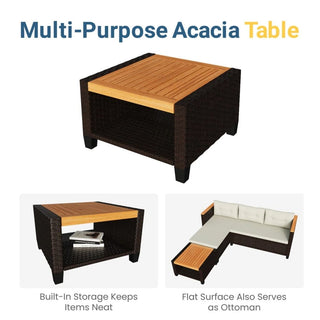 3-Piece L-Shaped Wicker Patio Set with Beige/Gray Cushions and Acacia Wood Storage Table