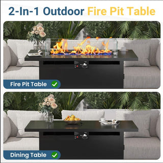 43”Width Outdoor 2-in1 Black Gas Fire Pit Table with Lid & Glass Shield, 50000 BTU CSA Certified Propane Gas Fire Pit, Rectangular Fire Table w/Stainless Burner, Lava Rock, Waterproof Cover