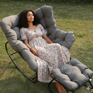 Dark Gray/Light Gray/Green Egg Rocking Chair with Ottoman, All-Weather Wicker Lounge & Cushions