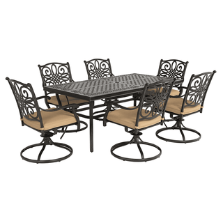 7-Piece Cast Aluminum Outdoor Dining Set - Hollow Table with Umbrella Hole & Swivel Rocking Chairs