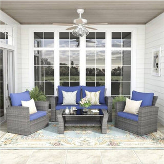 4-Piece Wicker Patio Conversation Set With Glass Table and Blue/Black/Gray Cushions