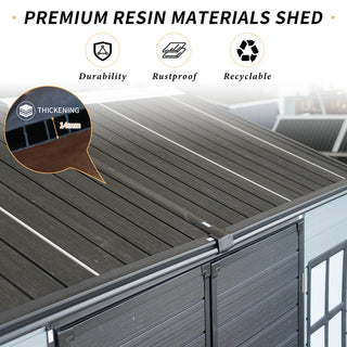 8x4ft Outdoor Resin Garden Shed with Floor and 2 Windows, Plastic Patio Outdoor Storage Shed with Lockable Door for Garden Tools, Bicycles, Trash Cans, Gray+Black