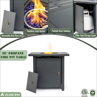 30" Propane Gas Fire Pit Table, 50000 BTU Square Steel Fire Pit for Outside Patio Deck Garden Backyard-Black