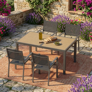 59-Inch Outdoor Patio Dining Table, Gray Aluminum Frame with HDPE Slatted Top