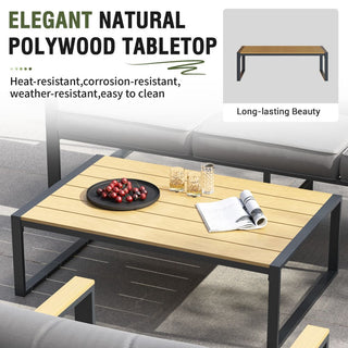 Outdoor 4 Pieces Furniture Sets Modern Iron Patio Conversation Sets Sofa w Grey Cushion Faux Wood Grain Frame