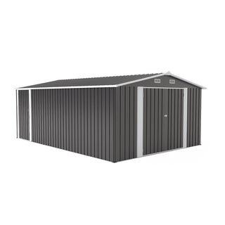 10×14 FT Heavy-Duty Metal Storage Shed with 3 Lockable Doors, 4 Vents & Sloped Roof – Outdoor Garden Tool Shed for Backyard, Patio & Lawn (Dark Grey)