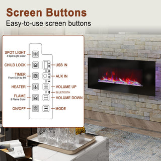 42/50/60/72 Inch Wall-Mounted Black Electric Fireplace Insert-5120 BTU with 2-Speaker Stereo Sound
